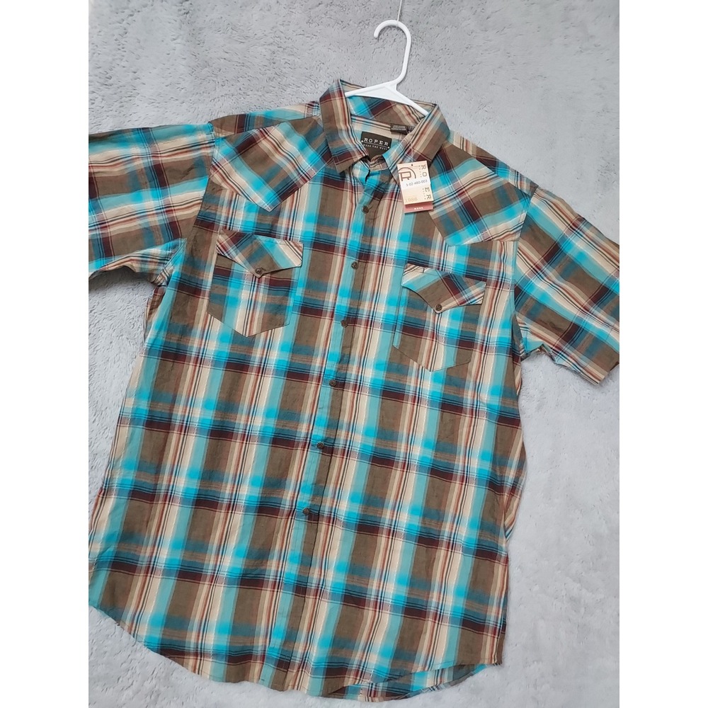 NEW Roper Shirt Mens Large Western Plaid Snap Button Short Sleeve Blue Cowboy
